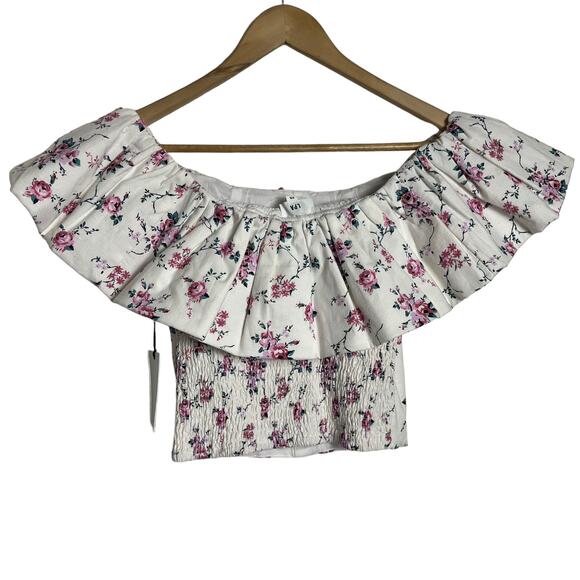 LPA White Floral Print Ruffled Off the Shoulder Linen Smocked Top Size XS - Picture 11 of 12